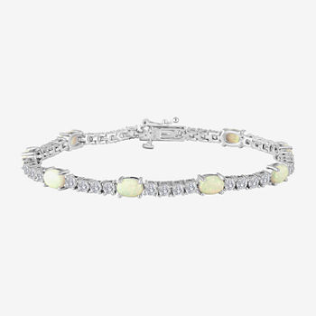 Sterling Silver Over Brass Lab-Created Opal and Cubic Zirconia Tennis Bracelet