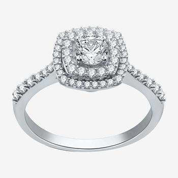 Signature By Modern Bride Womens 3/4 CT. T.W. Genuine Diamond 10K White Gold Side Stone Halo Engagement Ring