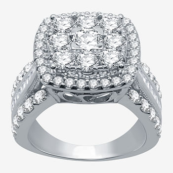 Womens 3 CT. T.W. Lab Grown White Diamond 10K White Gold Cushion Side Stone Halo Engagement Ring
