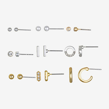 Bijoux Bar Silver & Gold Tone Stud & Hoop 9 Pair Earring Set