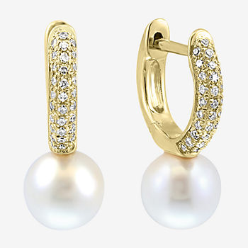 Effy 1/5 CT. T.W. Genuine Diamond & White Cultured Freshwater Pearl 14K Gold Over Silver Hoop Earrings