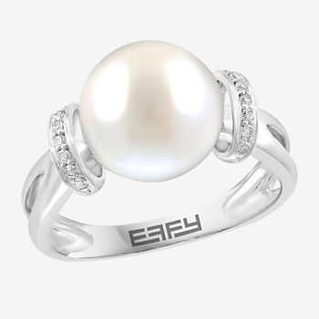 Effy  Womens Diamond Accent 10MM White Cultured Freshwater Pearl Sterling Silver Cocktail Ring