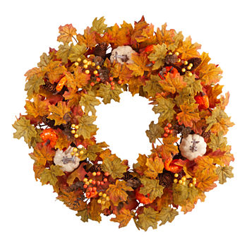 Nearly Natural 30" Pumpkin And Maple Leaf Faux Wreath