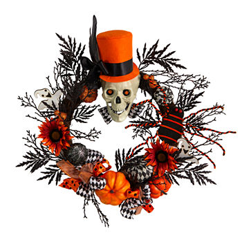 Nearly Natural 30" Spider  Skull With Top Hat Wreath