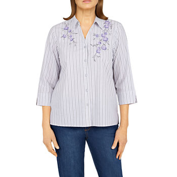 Alfred Dunner Tivoli Gardens Womens 3/4 Sleeve Embroidered Button-Down Shirt