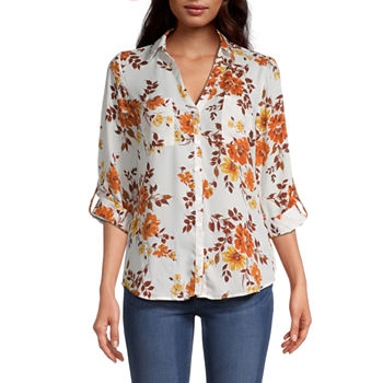 by&by Juniors Womens 3/4 Sleeve Button-Down Shirt