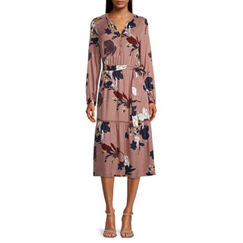 Liz Claiborne Long Sleeve Floral Midi A-Line Dress