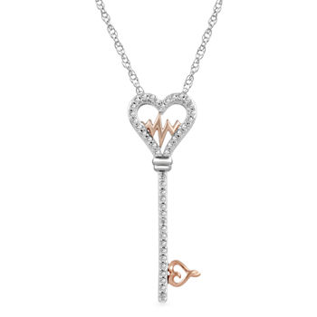 Womens 1/7 CT. T.W. Genuine White Diamond 14K Rose Gold Over Silver Heart Keys Pendant Necklace