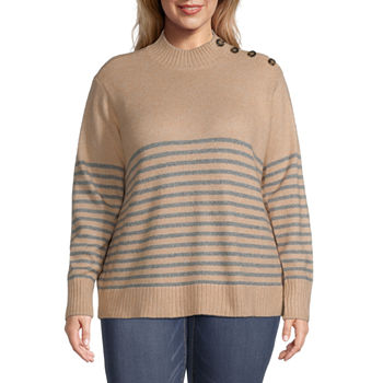 St. John's Bay-Plus Button Side Womens Mock Neck Long Sleeve Pullover Sweater