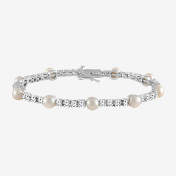Womens Cultured Freshwater Pearl & Cubic Zirconia Sterling Silver Over Brass Bracelet
