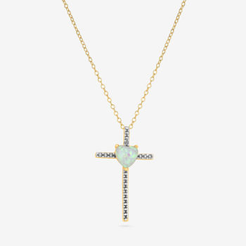 Womens Diamond Accent Lab Created White Opal 18K Gold Over Silver Cross Pendant Necklace
