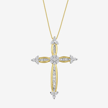 Diamond Blossom Womens 1/3 CT. T.W. Genuine White Diamond 10K Gold Cross Pendant Necklace