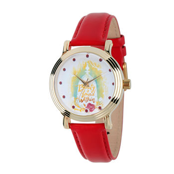 Disney Beauty and the Beast Womens Red Leather Strap Watch Wds000311
