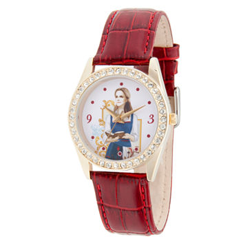 Disney Beauty and the Beast Womens Red Leather Strap Watch Wds000315