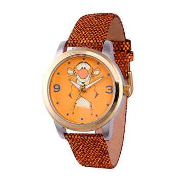 Disney Winnie The Pooh Womens Gold Tone Leather Strap Watch Wds000353