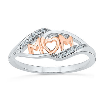 "Mom" 2MM Diamond Accent Genuine White Diamond 10K Gold Heart Band