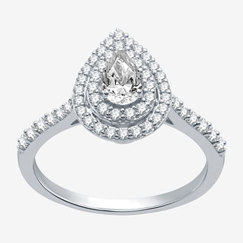 Modern Bride Signature Womens 3/4 CT. T.W. Genuine White Diamond 14K White Gold Pear Halo Engagement Ring