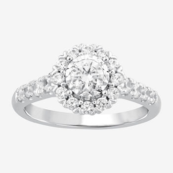 Signature By Modern Bride Womens 1 CT. T.W. Lab Grown White Diamond 10K White Gold Oval Side Stone Halo Engagement Ring