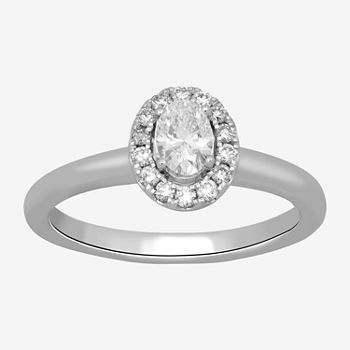Modern Bride Signature Womens 1/2 CT. T.W. Lab Grown White Diamond 10K White Gold Oval Solitaire Halo Engagement Ring