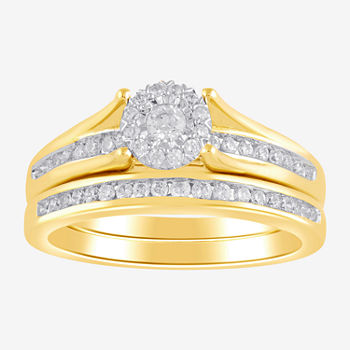 Womens 1/2 CT. T.W. Genuine White Diamond 14K Gold Round Side Stone Halo Bridal Set