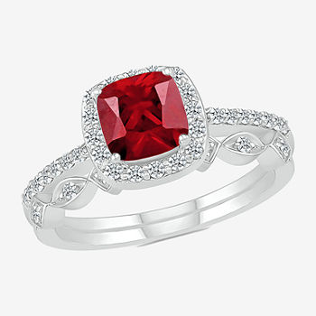 Modern Bride Gemstone Womens Lab Created Red Ruby 14K White Gold Cushion Bridal Set