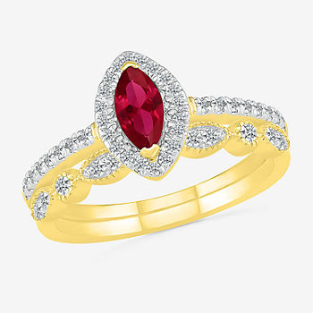Modern Bride Gemstone Womens Lab Created Red Ruby 14K Gold Marquise Bridal Set