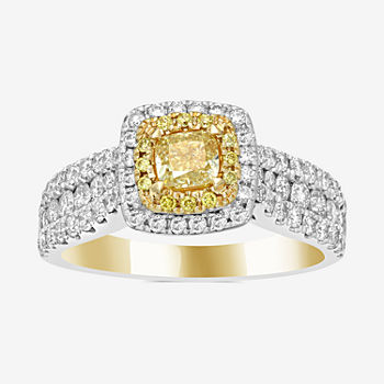 Womens 1 1/2 CT. T.W. Genuine Yellow Diamond 14K Gold Cushion Halo Engagement Ring