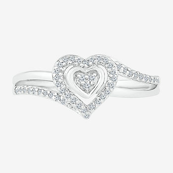 Promise My Love Womens 1/6 CT. T.W. Genuine White Diamond Sterling Silver Heart Side Stone Halo Promise Ring
