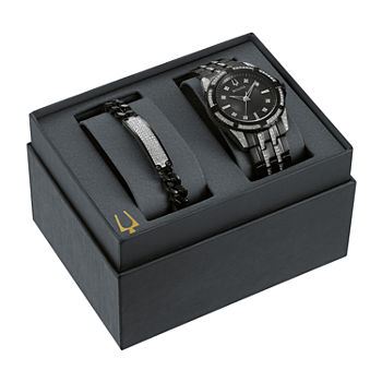 Bulova Mens Crystal Accent Black Stainless Steel 2-pc. Watch Boxed Set-98k109