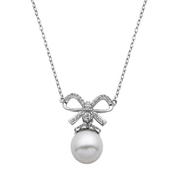Womens Genuine White Cultured Freshwater Pearl Sterling Silver Bow Pendant Necklace
