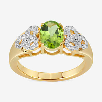 Womens Genuine Green Peridot 18K Gold Over Silver Oval Side Stone Cocktail Ring
