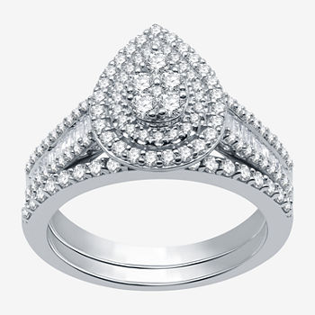 I Said Yes Womens 1 CT. T.W. Lab Grown White Diamond Sterling Silver Pear Halo Bridal Set