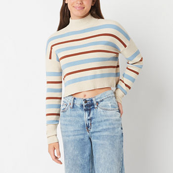 Arizona Juniors Cropped Womens Mock Neck Long Sleeve Striped Pullover Sweater