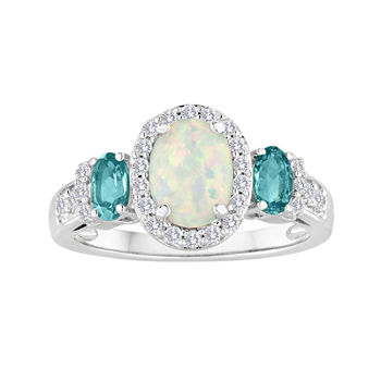 Lab-Created Opal, White Sapphire and Genuine Blue Topaz Sterling Silver Ring