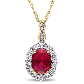 Womens Lab-Created Red Ruby and Diamond Accent Pendant Necklace in 14K Gold