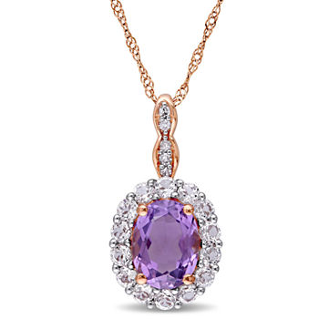 Womens Diamond Accent Genuine Purple Amethyst 14K Gold Pendant Necklace