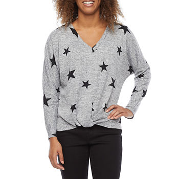 by&by Juniors Womens V Neck Long Sleeve Star Pullover Sweater