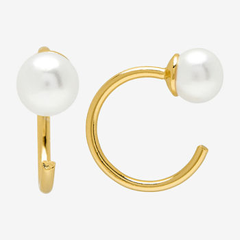 Itsy Bitsy Simulated Pearl 14K Gold Over Silver Hoop Earrings