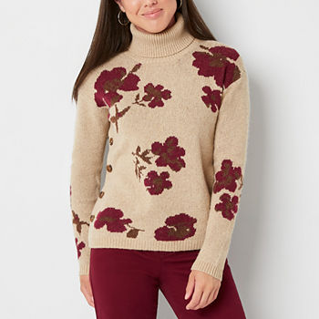 St. John's Bay Womens Turtleneck Long Sleeve Floral Pullover Sweater