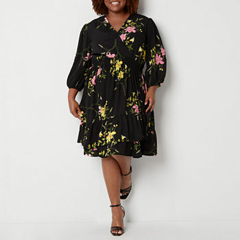 Melonie T Plus 3/4 Sleeve Floral Fit + Flare Dress