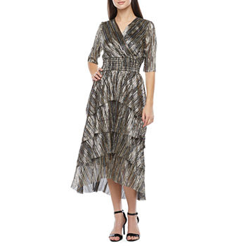 J Taylor 3/4 Sleeve Midi Fit + Flare Metallic Dress