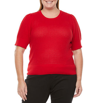 Liz Claiborne Plus Womens Crew Neck Short Sleeve Striped Pullover Sweater