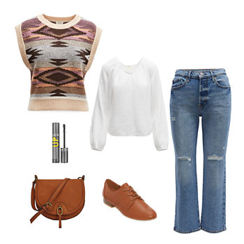 Layer It On: Sleeveless Sweater Vest, Blousson-Sleeve Top, High-Rise Jeans & a.n.a Flats