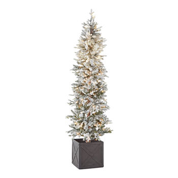 North Pole Trading Co. 7' Potted Burlington Fir Pre-Lit Flocked Christmas Tree