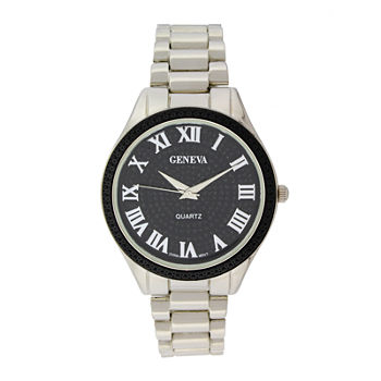 Geneva Womens Glitter Black Dial Silver-Tone Bracelet Watch