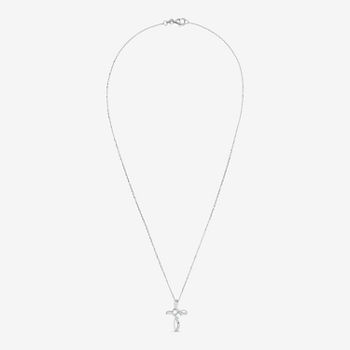 Silver Treasures Lab Created White Opal & Cubic Zirconia Sterling Silver 18 Inch Cross Pendant Necklace