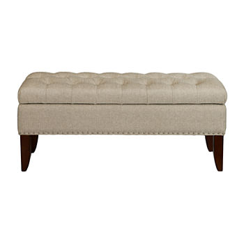 Hinged Top Button Tufted Storage Bed Bench In Lunar Linen