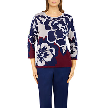 Alfred Dunner Sloane Street Womens Round Neck 3/4 Sleeve Floral Pullover Sweater