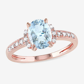 Modern Bride Gemstone Womens Diamond Accent Genuine Blue Aquamarine 18K Gold Over Silver Oval Promise Ring