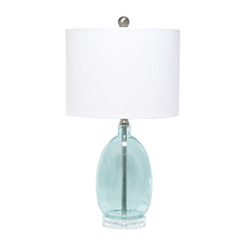 Lalia Home Oval Glass  With White Drum Shade Clear Blue Glass Table Lamp